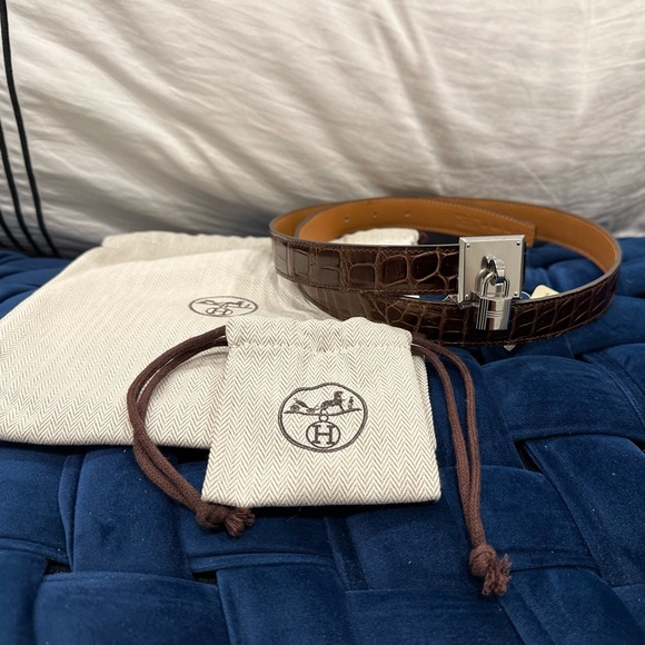 Hermes Crocodile Belt  Leather Porosus Burgundy Terre Kelly Lock Tresor Argent - Picture 2 of 8